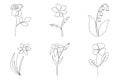 Continuous line flower set. One line drawing of different flowers. Hand-drawn minimalist illustration. Royalty Free Stock Photo